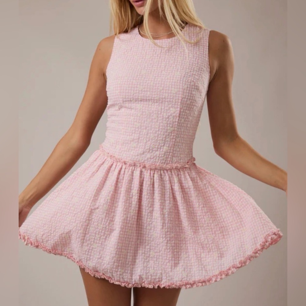 62. Pink Textured Sleeveless gingham Fit-and-Flare Dress